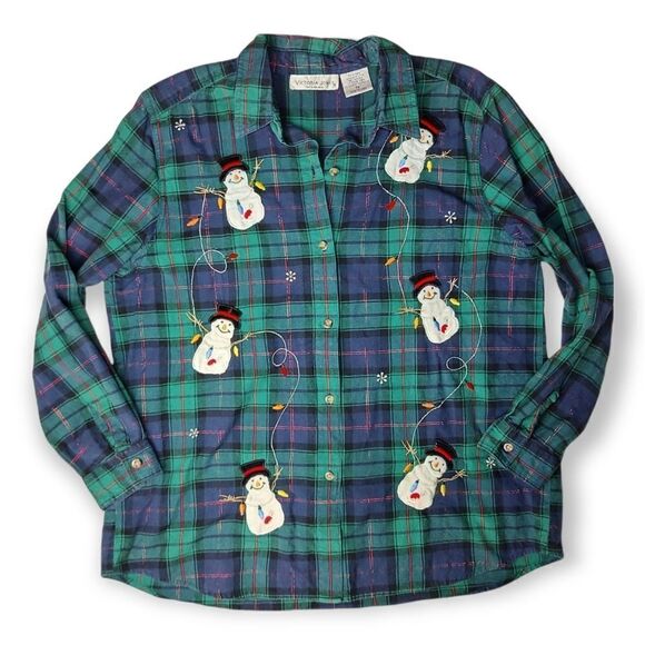 Vintage Victoria Jones Blue Green Plaid Snowman Christmas Winter Flannel Size 1x - Picture 2 of 9